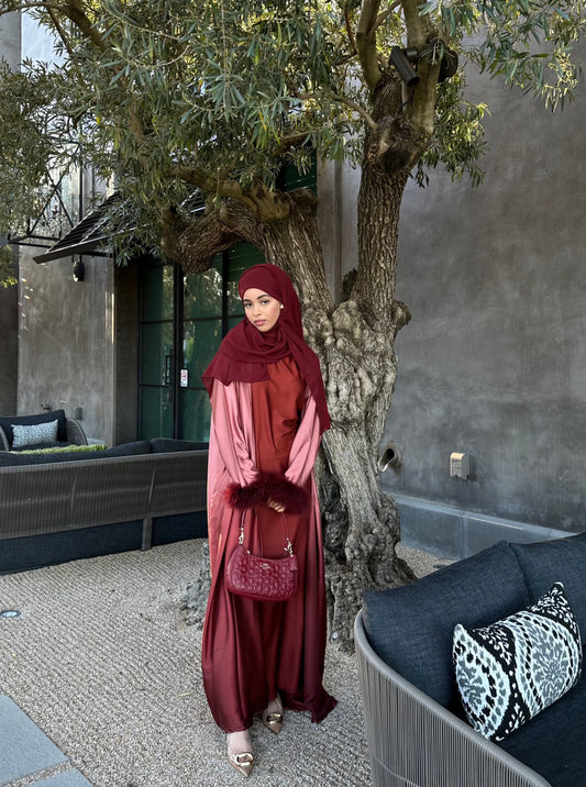 Fur Ombré Abaya Maroon Red